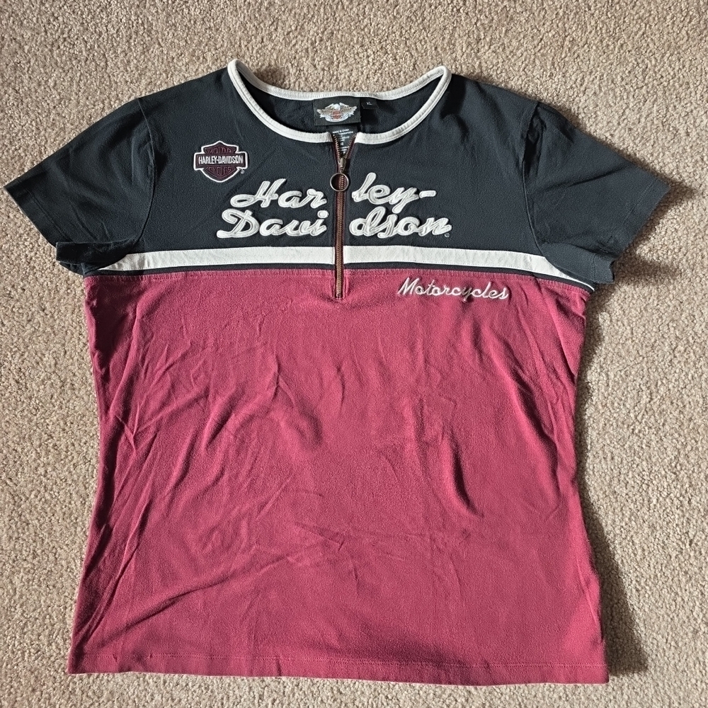 Harley Davidson XL Zip-Up T-Shirt, Burgundy/Black Appliqué/Embroidery Letters